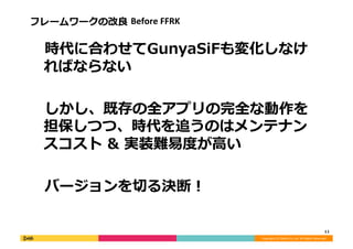 Copyright	
  (C)	
  DeNA	
  Co.,Ltd.	
  All	
  Rights	
  Reserved.	
  
フレームワークの改良良	
  Before	
  FFRK	
  
 　時代に合わせてGunyaSiFも変化しなけ
ればならない	
  
 　しかし、既存の全アプリの完全な動作を
担保しつつ、時代を追うのはメンテナン
スコスト	
  &	
  実装難易易度度が⾼高い	
  
 　バージョンを切切る決断！	
  
11	
  
 