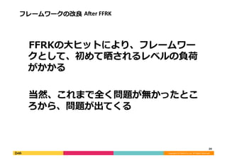 Copyright	
  (C)	
  DeNA	
  Co.,Ltd.	
  All	
  Rights	
  Reserved.	
  
フレームワークの改良良	
  AAer	
  FFRK	
  
 　FFRKの⼤大ヒットにより、フレームワー
クとして、初めて晒されるレベルの負荷
がかかる	
  
 　当然、これまで全く問題が無かったとこ
ろから、問題が出てくる	
  
20	
  
 