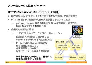 Copyright	
  (C)	
  DeNA	
  Co.,Ltd.	
  All	
  Rights	
  Reserved.	
  
フレームワークの改良良	
  AAer	
  FFRK	
  
HTTP::Session2::MultiStore（設計）	
  	
  
!  既存のSessionオブジェクトを下⽅方互換を保ちつつ、内部設計変更更	
  
!  HTTP::Session2を複数のStore先を保持できるように拡張	
  
⁃  get,	
  set,	
  remove	
  等の	
  I/Fを持つ	
  Storeであれば、KVSでも
ClientStoreでも複数登録可能	
  
!  ⾃自動的な参照先の切切替	
  
⁃  1リクエスト中のデータをプロセスキャッシュ	
  
⁃  Sessionへの操作から良良い感じに	
  
Master	
  /	
  Slaveの向き先を⾃自動決定	
  
⁃  Masterへのfallbackと明⽰示的な
切切替機構の搭載により
必要最低限なコードで、
レプリケーション遅延を制御可能
タイトル側のコードには、基本的に
変更更の必要性なし【重要】	
   25	
  
Master	
  
Session	
  
Slave1	
  
Cached	
  data	
  
from	
  Slave	
  
Cached	
  data	
  
from	
  Master	
  
Slave2	
  
Switching	
  
get/set/
delete/expire…	
  
 