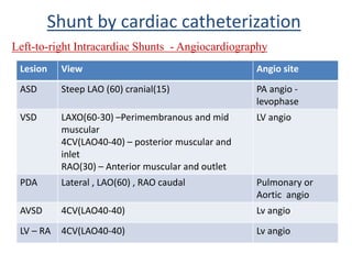 Left-to-right Intracardiac Shunts - Angiocardiography
Shunt by cardiac catheterization
Lesion View Angio site
ASD Steep LAO (60) cranial(15) PA angio -
levophase
VSD LAXO(60-30) –Perimembranous and mid
muscular
4CV(LAO40-40) – posterior muscular and
inlet
RAO(30) – Anterior muscular and outlet
LV angio
PDA Lateral , LAO(60) , RAO caudal Pulmonary or
Aortic angio
AVSD 4CV(LAO40-40) Lv angio
LV – RA 4CV(LAO40-40) Lv angio
 