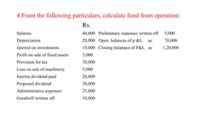 4.From the following particulars, calculate fund from operation:
Rs.
Salaries 40,000 Preliminary expenses written off 5,000
Depreciation 20,000 Open. balances of p &L ac 70,000
Interest on investments 10,000 Closing balanace of P&L ac 1,20,000
Profit on sale of fixed assets 5,000
Provision for tax 30,000
Loss on sale of machinery 5,000
Interim dividend paid 20,000
Proposed dividend 30,000
Administrative expenses 25,000
Goodwill written off 10,000
 
