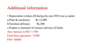 Additional information
• Depreciation written off during the year 2018 was as under:
a.Plant & machinery Rs 12,800
b.Furniture &fixture Rs.400
c.Prepare a statement of sources and uses of funds.
Ans: increase in WC= 1700
Fund from operation= 17500
FFS= 88000
 