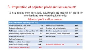 3. Preparation of adjusted profit and loss account:
To rive at fund from operation , adjustments are made in net profit for
non-fund and non- operating items only:
Adjusted profit and loss account
Non fund and non –operating items only
To Depreciation on Fixed Assets XXX By balance b/d (opening) XXX
To Good will written off XXX Profit on sale of fixed assets XXX
To Discount on issue of share, written off XXX Profit on revaluation of assets XXX
To Preliminary expenses written off XXX Rent, dividend, comm etc received XXX
To Patents written off XXX Refund of tax XXX
To Transfer to reserve XXX
To Loss on sale of Fixed assets XXX
To balance c/d(NP –closing) XXX Fund from operation B/F XXX
To Fund lost in operation B/F XXX
 