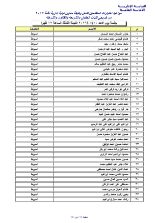 ‫اﻹداريـــــة‬ ‫النيابــــة‬
‫العامـــة‬ ‫اﻷمانـــة‬
‫ظهرا‬ ١٢ ‫السﺎعة‬ ‫الثﺎلثة‬ ‫اللجنة‬ ٢٠١٦/٠٤/١٠ ‫اﻻﺣد‬ ‫يوم‬ ‫جلسة‬
٢٠١٢ ‫دفعة‬ ‫إدارية‬ ‫نيﺎﺑة‬ ‫معﺎون‬ ‫وظيفة‬ ‫لشغل‬ ‫المتقدمين‬ ‫اختﺑﺎرات‬ ‫مواعيد‬
‫والشرطة‬ ‫والقﺎنون‬ ‫والشريعة‬ ‫الﺣقوق‬ ‫كليﺎت‬ ‫خريجى‬ ‫من‬
١‫السمﺎن‬ ‫اﺣمد‬ ‫السمﺎن‬ ‫ﺣﺎزم‬‫اسيوط‬
٢‫ﺻقر‬ ‫مﺣمد‬ ‫اﺣمد‬ ‫قﺑيﺻى‬ ‫هشﺎم‬‫اسيوط‬
٣‫جيد‬ ‫زخﺎرى‬ ‫جمﺎل‬ ‫مﺎيكل‬‫اسيوط‬
٤‫الرﺣمن‬ ‫عﺑد‬ ‫السيد‬ ‫عيد‬ ‫الﺑدرى‬‫اسيوط‬
٥‫ﺣسن‬ ‫الفتﺎح‬ ‫عﺑد‬ ‫ﺣسن‬ ‫الفتﺎح‬ ‫عﺑد‬‫اسيوط‬
٦‫ﺣسن‬ ‫ﺣسين‬ ‫ﺣسن‬ ‫ﺣسين‬ ‫مﺣمود‬‫اسيوط‬
٧‫سﺎلم‬ ‫العظيم‬ ‫عﺑد‬ ‫رﺑيع‬ ‫مﺎهر‬ ‫مﺣمد‬‫اسيوط‬
٨‫خيﺎمى‬ ‫عمر‬ ‫مﺣمود‬ ‫اﺣمد‬‫اسيوط‬
٩‫ﺣفنﺎوى‬ ‫اﻻسعد‬ ‫السيد‬ ‫هشﺎم‬‫اسيوط‬
١٠‫المنعم‬ ‫عﺑد‬ ‫العليم‬ ‫عﺑد‬ ‫سيد‬ ‫اسمﺎعيل‬‫اسيوط‬
١١‫اللطيف‬ ‫عﺑد‬ ‫مﺣمد‬ ‫عﺑده‬ ‫اكرامي‬‫اسيوط‬
١٢‫عمر‬ ‫تركى‬ ‫زيد‬ ‫اﺑو‬ ‫تركى‬‫اسيوط‬
١٣‫اﺣمد‬ ‫مﺣمود‬ ‫مﺣمد‬ ‫رشوان‬‫اسيوط‬
١٤‫مﺣمود‬ ‫الﻼه‬ ‫عﺑد‬ ‫اﺣمد‬ ‫الﻼه‬ ‫عﺑد‬‫اسيوط‬
١٥‫الغفﺎر‬ ‫عﺑد‬ ‫العزيز‬ ‫عﺑد‬ ‫نﺎﺻر‬ ‫اﺣمد‬‫اسيوط‬
١٦‫جﺎرﺣى‬ ‫سﺎلمﺎن‬ ‫رويش‬ ‫فوزى‬ ‫ﺑدر‬‫اسيوط‬
١٧‫عﺑيد‬ ‫ﺣسن‬ ‫عﺑيد‬ ‫اﺣمد‬ ‫مﺣمود‬‫اسيوط‬
١٨‫على‬ ‫جﺎﺑر‬ ‫سيد‬ ‫الﺣميد‬ ‫عﺑد‬‫اسيوط‬
١٩‫الرﺣيم‬ ‫عﺑد‬ ‫على‬ ‫اﺑراهيم‬ ‫على‬ ‫اﺑراهيم‬‫اسيوط‬
٢٠‫اﺑراهيم‬ ‫غﺎلي‬ ‫معوض‬ ‫عﺎطف‬ ‫ريمون‬‫اسيوط‬
٢١‫ﺣسن‬ ‫مﺣمود‬ ‫العزيز‬ ‫عﺑد‬ ‫ﺣسين‬‫اسيوط‬
٢٢‫سيد‬ ‫عوض‬ ‫مﺣمد‬ ‫اﺣمد‬‫اسيوط‬
٢٣‫توفيق‬ ‫اﺣمد‬ ‫ﺣسين‬ ‫اسﺎمة‬‫اسيوط‬
٢٤‫ﺑكر‬ ‫اﺑو‬ ‫مﺣمد‬ ‫رشﺎد‬ ‫اسمﺎعيل‬‫اسيوط‬
٢٥‫الراوى‬ ‫اﺣمد‬ ‫اﺑراهيم‬ ‫مﺣمود‬‫اسيوط‬
٢٦‫مﺣمد‬ ‫سيد‬ ‫مﺣمد‬ ‫ﺣسين‬‫اسيوط‬
٢٧‫مﺣمد‬ ‫العظيم‬ ‫عﺑد‬ ‫جﺎﺑر‬ ‫عﻼء‬‫اسيوط‬
٢٨‫مﺻطفى‬ ‫اﺣمد‬ ‫عﺎدل‬ ‫الدين‬ ‫عمﺎد‬‫اسيوط‬
٢٩‫اﺑراهيم‬ ‫مﺣمد‬ ‫فتﺣى‬ ‫مﺣمود‬‫اسيوط‬
٣٠‫ﺣسين‬ ‫كمﺎل‬ ‫ﺣسين‬ ‫السيد‬‫اسيوط‬
٣١‫فرغلى‬ ‫اﺣمد‬ ‫على‬ ‫مﺻطفى‬‫اسيوط‬
٣٢‫مﺣمد‬ ‫مرسى‬ ‫شعﺑﺎن‬ ‫هشﺎم‬‫اسيوط‬
٣٣‫رشدى‬ ‫مﺣمد‬ ‫زكريﺎ‬ ‫يﺣيى‬‫اسيوط‬
٣٤‫اﺑراهيم‬ ‫منﺎزع‬ ‫اﺣمد‬ ‫رشﺎد‬‫اسيوط‬
١٩٤ ‫من‬ ١٢٩ ‫ﺻفﺣة‬
 
