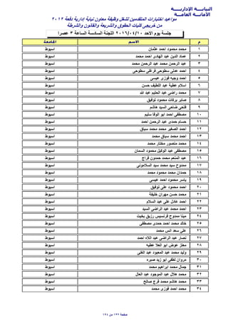 ‫اﻹداريـــــة‬ ‫النيابــــة‬
‫العامـــة‬ ‫اﻷمانـــة‬
‫عﺻرا‬ ٣ ‫السﺎعة‬ ‫السﺎدسة‬ ‫اللجنة‬ ٢٠١٦/٠٤/١٠ ‫اﻻﺣد‬ ‫يوم‬ ‫جلسة‬
٢٠١٢ ‫دفعة‬ ‫إدارية‬ ‫نيﺎﺑة‬ ‫معﺎون‬ ‫وظيفة‬ ‫لشغل‬ ‫المتقدمين‬ ‫اختﺑﺎرات‬ ‫مواعيد‬
‫والشرطة‬ ‫والقﺎنون‬ ‫والشريعة‬ ‫الﺣقوق‬ ‫كليﺎت‬ ‫خريجى‬ ‫من‬
١‫عثمﺎن‬ ‫اﺣمد‬ ‫مﺣمود‬ ‫مﺣمد‬‫اسيوط‬
٢‫مﺣمد‬ ‫اﺣمد‬ ‫الهﺎدى‬ ‫عﺑد‬ ‫الدين‬ ‫عمﺎد‬‫اسيوط‬
٣‫مﺣمد‬ ‫الرﺣمن‬ ‫عﺑد‬ ‫مﺣمد‬ ‫الرﺣمن‬ ‫عﺑد‬‫اسيوط‬
٤‫سطوﺣى‬ ‫فرغلى‬ ‫سطوﺣى‬ ‫عدلى‬ ‫اﺣمد‬‫اسيوط‬
٥‫عيسى‬ ‫فوزى‬ ‫وجيه‬ ‫اﺣمد‬‫اسيوط‬
٦‫ﺣسن‬ ‫اللطيف‬ ‫عﺑد‬ ‫عطية‬ ‫اسﻼم‬‫اسيوط‬
٧‫ﷲ‬ ‫عﺑد‬ ‫الﺣليم‬ ‫عﺑد‬ ‫راضى‬ ‫مﺣمد‬‫اسيوط‬
٨‫توفيق‬ ‫مﺣمود‬ ‫ﺑركﺎت‬ ‫ﺻﺎﺑر‬‫اسيوط‬
٩‫هﺎشم‬ ‫السيد‬ ‫ضﺎﺣى‬ ‫فتﺣى‬‫اسيوط‬
١٠‫سليم‬ ‫الوفﺎ‬ ‫اﺑو‬ ‫اﺣمد‬ ‫مﺻطفى‬‫اسيوط‬
١١‫اﺣمد‬ ‫الرﺣمن‬ ‫عﺑد‬ ‫ﺣمدى‬ ‫ﺣسﺎم‬‫اسيوط‬
١٢‫سﺑﺎق‬ ‫مﺣمد‬ ‫مﺣمد‬ ‫الﺻغير‬ ‫اﺣمد‬‫اسيوط‬
١٣‫مﺣمد‬ ‫سﺑﺎق‬ ‫مﺣمد‬ ‫اﺣمد‬‫اسيوط‬
١٤‫مﺣمد‬ ‫مختﺎر‬ ‫منﺻور‬ ‫مﺣمد‬‫اسيوط‬
١٥‫السمﺎن‬ ‫مﺣمود‬ ‫الوكيل‬ ‫عﺑد‬ ‫مﺻطفى‬‫اسيوط‬
١٦‫فراج‬ ‫ﺣمدون‬ ‫مﺣمد‬ ‫المنعم‬ ‫عﺑد‬‫اسيوط‬
١٧‫السﻼمونى‬ ‫سيد‬ ‫مﺣمد‬ ‫سيد‬ ‫ممدوح‬‫اسيوط‬
١٨‫مﺣمد‬ ‫مﺣمود‬ ‫مﺣمد‬ ‫ﺣمدان‬‫اسيوط‬
١٩‫عيسى‬ ‫اﺣمد‬ ‫مﺣمود‬ ‫يﺎسر‬‫اسيوط‬
٢٠‫توفيق‬ ‫على‬ ‫مﺣمود‬ ‫اﺣمد‬‫اسيوط‬
٢١‫خليفة‬ ‫مهران‬ ‫ﺣسن‬ ‫مﺣمد‬‫اسيوط‬
٢٢‫السﻼم‬ ‫عﺑد‬ ‫على‬ ‫عﺎدل‬ ‫اﺣمد‬‫اسيوط‬
٢٣‫السيد‬ ‫الراضى‬ ‫عﺑد‬ ‫مﺣمد‬ ‫اﺣمد‬‫اسيوط‬
٢٤‫ﺑخيت‬ ‫رزيق‬ ‫فرنسيس‬ ‫ممدوح‬ ‫مينﺎ‬‫اسيوط‬
٢٥‫مﺻطفى‬ ‫ﺣمدى‬ ‫اﺣمد‬ ‫مﺣمد‬ ‫خﺎلد‬‫اسيوط‬
٢٦‫مﺣمد‬ ‫انس‬ ‫سعد‬ ‫على‬‫اسيوط‬
٢٧‫اﺣمد‬ ‫الﻼه‬ ‫عﺑد‬ ‫الراضى‬ ‫عﺑد‬ ‫نﺻﺎر‬‫اسيوط‬
٢٨‫عطيه‬ ‫العﻼ‬ ‫اﺑو‬ ‫عوض‬ ‫معتز‬‫اسيوط‬
٢٩‫الغنى‬ ‫عﺑد‬ ‫المعﺑود‬ ‫عﺑد‬ ‫مﺣمد‬ ‫وليد‬‫اسيوط‬
٣٠‫ﺻﺑره‬ ‫زيد‬ ‫اﺑو‬ ‫لطفى‬ ‫مروان‬‫اسيوط‬
٣١‫مﺣمد‬ ‫اﺑراهيم‬ ‫مﺣمد‬ ‫جمﺎل‬‫اسيوط‬
٣٢‫العﺎل‬ ‫عﺑد‬ ‫الموجود‬ ‫عﺑد‬ ‫هﻼل‬ ‫مﺣمد‬‫اسيوط‬
٣٣‫ﺻﺎلح‬ ‫فرج‬ ‫مﺣمد‬ ‫هﺎشم‬ ‫مﺣمد‬‫اسيوط‬
٣٤‫مﺣمد‬ ‫فوزى‬ ‫اﺣمد‬ ‫مﺣمد‬‫اسيوط‬
١٩٤ ‫من‬ ١٣٢ ‫ﺻفﺣة‬
 