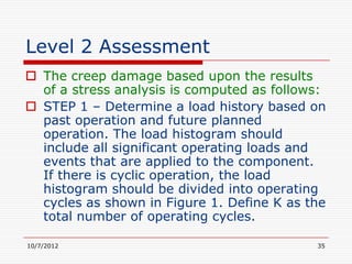 Level 2 Assessment
 The creep damage based upon the results
  of a stress analysis is computed as follows:
 STEP 1 – Determine a load history based on
  past operation and future planned
  operation. The load histogram should
  include all significant operating loads and
  events that are applied to the component.
  If there is cyclic operation, the load
  histogram should be divided into operating
  cycles as shown in Figure 1. Define K as the
  total number of operating cycles.

10/7/2012                                   35
 