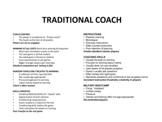 TRADITIONAL COACH
COACH-CENTRED
• The player is considered an “Empty vessel”
• The Coach as the font of all wisdom
Players are not as engaged
WINNING AT ALL COSTS Short term winning all important
• Must have immediate results on the pitch
• The next game is all that matters
• The adult game is forced on children
• Early specialization to win games
• Bigger stronger players get most play
Obedient competitors but lacking in flair
RANDOM TOPICS ONLY RELATED TO WINNING
• A collection of hints, tips and drills
• Not usually age-appropriate
• Pressured approach to winning
• Topics mainly related to winning
Talent is often wasted
DRILLS ORIENTED
• Analytical Method (Drills) for “closed” skills
• Segmentation of each element
• Conditioning using exercises
• Game usually as a reward at the end
• Conditioning drills before the game
• Little motivation for players in training
Poor transfer to the real game
INSTRUCTIONS
• Passive Learning
• Monologue
• One-way instructions
• Often counter-productive
• Poor retention of learning
Create obedient robotic players
COACHING SKILLS
• Usually focused on winning
• Focused on winning topics mainly
• Usually does not use variables
• Less aware of his players progress
• Doesn’t usually ask questions
• Often limited and rigid topics
• Demands obedience and conformity to the accepted norms
Constant instruction frustrates creativity in players
MILITARY BOOTCAMP
• Fixing “mistakes”
• Limited variety
• Pressure
• Games and training often not age-appropriate
De-motivated players
 