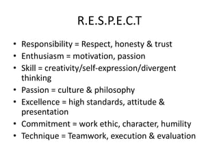 R.E.S.P.E.C.T
• Responsibility = Respect, honesty & trust
• Enthusiasm = motivation, passion
• Skill = creativity/self-expression/divergent
thinking
• Passion = culture & philosophy
• Excellence = high standards, attitude &
presentation
• Commitment = work ethic, character, humility
• Technique = Teamwork, execution & evaluation
 