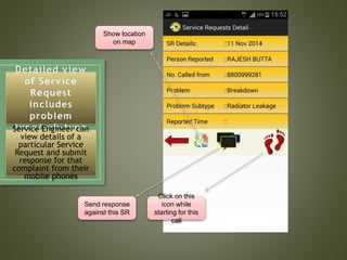 Service Engineer can
view details of a
particular Service
Request and submit
response for that
complaint from their
mobile phones
Send response
against this SR
Click on this
icon while
starting for this
call
Show location
on map
 