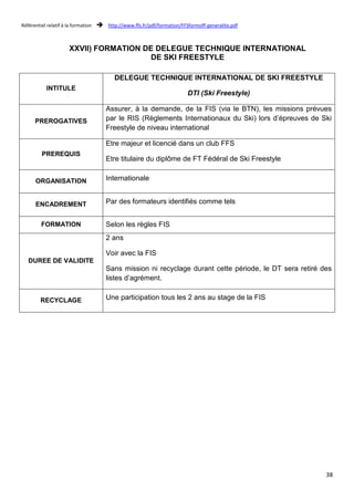 Référentiel relatif à la formation  http://www.ffs.fr/pdf/formation/FFSformoff-generalite.pdf 
38 
XXVII) FORMATION DE DELEGUE TECHNIQUE INTERNATIONAL 
DE SKI FREESTYLE 
INTITULE 
DELEGUE TECHNIQUE INTERNATIONAL DE SKI FREESTYLE 
DTI (Ski Freestyle) 
PREROGATIVES 
Assurer, à la demande, de la FIS (via le BTN), les missions prévues 
par le RIS (Règlements Internationaux du Ski) lors d’épreuves de Ski 
Freestyle de niveau international 
PREREQUIS 
Etre majeur et licencié dans un club FFS 
Etre titulaire du diplôme de FT Fédéral de Ski Freestyle 
ORGANISATION Internationale 
ENCADREMENT Par des formateurs identifiés comme tels 
FORMATION Selon les règles FIS 
DUREE DE VALIDITE 
2 ans 
Voir avec la FIS 
Sans mission ni recyclage durant cette période, le DT sera retiré des 
listes d’agrément. 
RECYCLAGE Une participation tous les 2 ans au stage de la FIS 
 