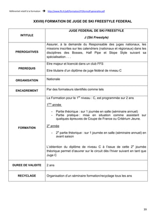 Référentiel relatif à la formation  http://www.ffs.fr/pdf/formation/FFSformoff-generalite.pdf 
39 
XXVIII) FORMATION DE JUGE DE SKI FREESTYLE FEDERAL 
INTITULE 
JUGE FEDERAL DE SKI FREESTYLE 
J (Ski Freestyle) 
PREROGATIVES 
Assurer, à la demande du Responsable des juges nationaux, les 
missions inscrites sur les calendriers (nationaux et régionaux) dans les 
disciplines des Bosses, Half Pipe et Slope Style suivant sa 
spécialisation . . . 
PREREQUIS 
Etre majeur et licencié dans un club FFS 
Etre titulaire d’un diplôme de juge fédéral de niveau C 
ORGANISATION Nationale 
ENCADREMENT Par des formateurs identifiés comme tels 
FORMATION 
La Formation pour le 1er niveau : C, est programmée sur 2 ans 
1ère année 
- Partie théorique : sur 1 journée en salle (séminaire annuel) 
- Partie pratique : mise en situation comme assistant sur 
quelques épreuves de Coupe de France ou Critérium Jeune. 
2e année 
- 2e partie théorique : sur 1 journée en salle (séminaire annuel) en 
avant saison 
L’obtention du diplôme de niveau C à l’issue de cette 2e journée 
théorique permet d’oeuvrer sur le circuit dès l’hiver suivant en tant que 
Juge C 
DUREE DE VALIDITE 2 ans 
RECYCLAGE Organisation d’un séminaire formation/recyclage tous les ans 
 
