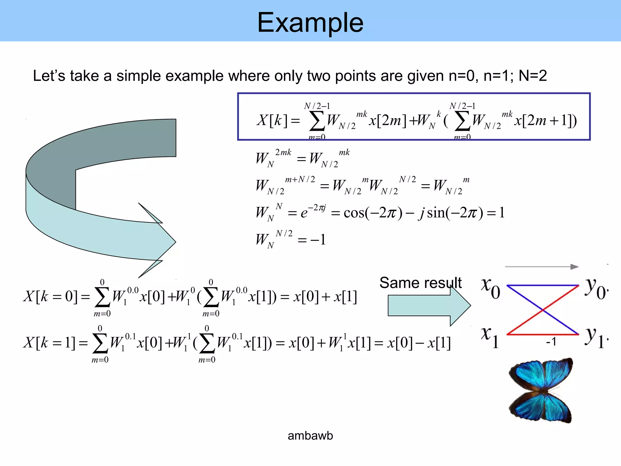 Example
1
1)2sin()2cos(
)]12[(]2[][
2/
2
2/
2/
2/2/
2/
2/
2/
2
12/
0
2/
12/
0
2/
−=
=−−−==
==
=
++=
−
+
−
=
−
=
∑∑
N
N
jN
N
m
N
N
N
m
N
Nm
N
mk
N
mk
N
N
m
mk
N
k
N
N
m
mk
N
W
jeW
WWWW
WW
mxWWmxWkX
πππ
Let’s take a simple example where only two points are given n=0, n=1; N=2
]1[]0[]1[]0[)]1[(]0[]1[
]1[]0[)]1[(]0[]0[
1
1
0
0
1.0
1
1
1
0
0
1.0
1
0
0
0.0
1
0
1
0
0
0.0
1
xxxWxxWWxWkX
xxxWWxWkX
mm
mm
−=+=+==
+=+==
∑∑
∑∑
==
==
Same result
ambawb
 