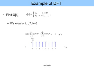 Example of DFT
• Find X[k]
– We know k=1,.., 7; N=8
ambawb
 