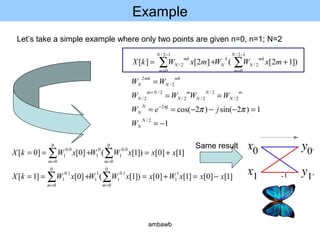 Example
1
1)2sin()2cos(
)]12[(]2[][
2/
2
2/
2/
2/2/
2/
2/
2/
2
12/
0
2/
12/
0
2/
−=
=−−−==
==
=
++=
−
+
−
=
−
=
∑∑
N
N
jN
N
m
N
N
N
m
N
Nm
N
mk
N
mk
N
N
m
mk
N
k
N
N
m
mk
N
W
jeW
WWWW
WW
mxWWmxWkX
πππ
Let’s take a simple example where only two points are given n=0, n=1; N=2
]1[]0[]1[]0[)]1[(]0[]1[
]1[]0[)]1[(]0[]0[
1
1
0
0
1.0
1
1
1
0
0
1.0
1
0
0
0.0
1
0
1
0
0
0.0
1
xxxWxxWWxWkX
xxxWWxWkX
mm
mm
−=+=+==
+=+==
∑∑
∑∑
==
==
Same result
ambawb
 