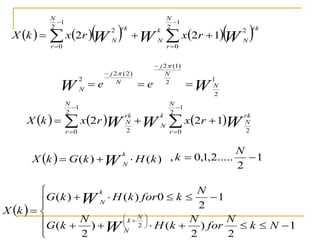        rk
N
N
r
k
N
rk
N
N
r
W
W
W r
x
r
x
k
X
2
1
2
0
2
1
2
0
1
2
2 








W
W N
N
j
N
j
N
e
e
1
2
2
)
1
(
2
)
2
(
2
2







     W
W
W
rk
N
N
r
k
N
rk
N
N
r
r
x
r
x
k
X
2
1
2
0
2
1
2
0
1
2
2 








  )
(
)
( k
H
k
G
k
X W
k
N


 1
2
.....
2
,
1
,
0
, 

N
k
 



























1
2
)
2
(
)
2
(
1
2
0
)
(
)
(
2 N
k
N
for
N
k
H
N
k
G
N
k
for
k
H
k
G
k
X
W
W
N
k
N
k
N
 