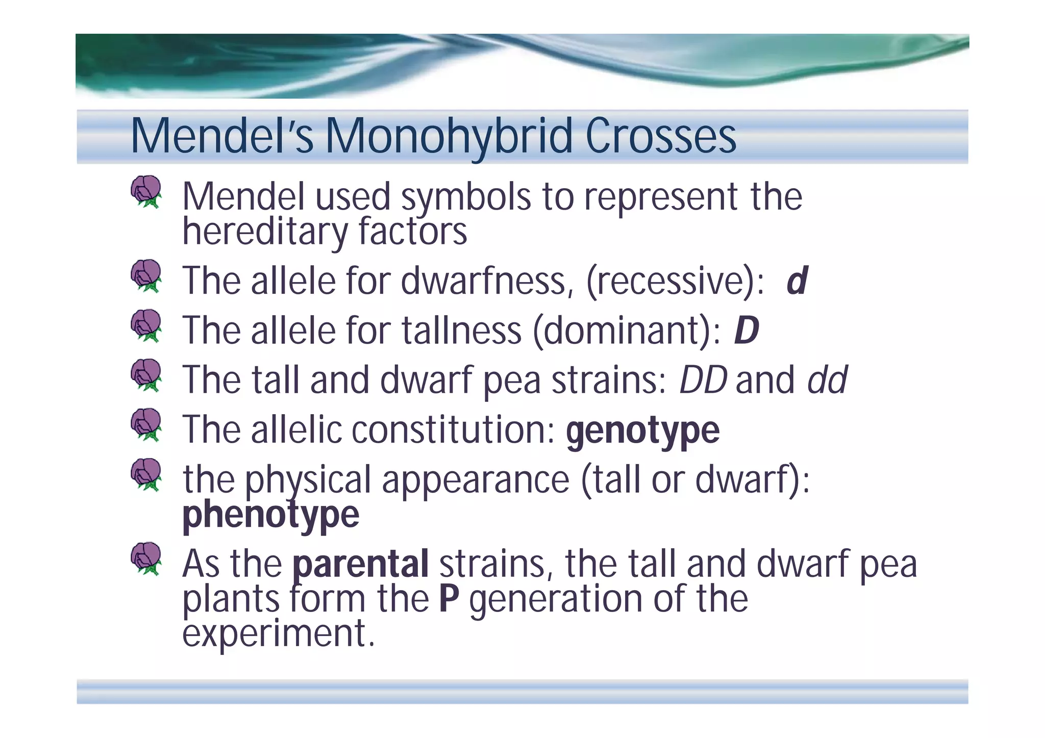 Mendel’s Monohybrid Crosses
Mendel used symbols to represent the
hereditary factors
The allele for dwarfness, (recessive): d
The allele for tallness (dominant): D
The tall and dwarf pea strains: DD and dd
The allelic constitution: genotype
the physical appearance (tall or dwarf):
phenotype
As the parental strains, the tall and dwarf pea
plants form the P generation of the
experiment.

 