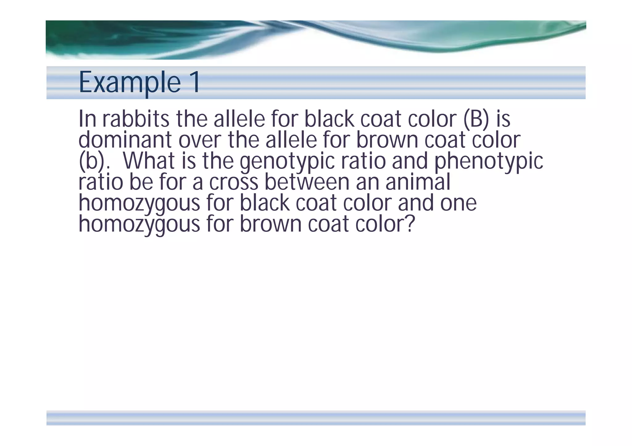 Example 1
In rabbits the allele for black coat color (B) is
dominant over the allele for brown coat color
(b). What is the genotypic ratio and phenotypic
ratio be for a cross between an animal
homozygous for black coat color and one
homozygous for brown coat color?

 