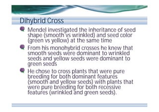 Dihybrid Cross
Mendel investigated the inheritance of seed
shape (smooth vs wrinkled) and seed color
(green vs yellow) at the same time
From his monohybrid crosses he knew that
smooth seeds were dominant to wrinkled
seeds and yellow seeds were dominant to
green seeds
He chose to cross plants that were pure
breeding for both dominant features
(smooth and yellow seeds) with plants that
were pure breeding for both recessive
features (wrinkled and green seeds).

 