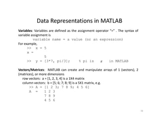Data Representations in MATLABData Representations in MATLAB
Variables: Variables are defined as the assignment operator “=” . The syntax of
variable assignment is
i bl l ( i )variable name = a value (or an expression)
For example,
>> x = 5
x =
5
>> y = [3*7, pi/3]; % pi is in MATLAB
Vectors/Matrices MATLAB can create and manip late arra s of 1 ( ectors) 2

Vectors/Matrices: MATLAB can create and manipulate arrays of 1 (vectors), 2
(matrices), or more dimensions
row vectors: a = [1, 2, 3, 4] is a 1X4 matrix
column vectors: b = [5; 6; 7; 8; 9] is a 5X1 matrix, e.g.
>> A = [1 2 3; 7 8 9; 4 5 6]
A = 1 2 3
7 8 9
4 5 64 5 6
16
 