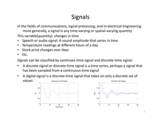 Signals
In the fields of communications, signal processing, and in electrical engineering
more generally, a signal is any time‐varying or spatial‐varying quantity
This variable(quantity) changes in time
• Speech or audio signal: A sound amplitude that varies in time
• Temperature readings at different hours of a day
• Stock price changes over days
• Etc• Etc.
Signals can be classified by continues‐time signal and discrete‐time signal:
• A discrete signal or discrete‐time signal is a time series, perhaps a signal that 
h b l d f ti ti i lhas been sampled from a continuous‐time signal
• A digital signal is a discrete‐time signal that takes on only a discrete set of 
values 1
Continuous Time Signal
1
Discrete Time Signal
-0.5
0
0.5
f(t)
-0.5
0
0.5
f[n]
0 10 20 30 40
-1
Time (sec)
0 10 20 30 40
-1
n
2
 