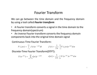 Fourier TransformFourier Transform
We can go between the time domain and the frequency domain
by using a tool called Fourier transform
• A Fourier transform converts a signal in the time domain to the 
frequency domain(spectrum) 
A i F i f h f d i
y g f
• An inverse Fourier transform converts the frequency domain 
components back into the original time domain signal
Continuous‐Time Fourier Transform:



dejFtf tj



)(
2
1
)(



dtetfjF tj
 )()(
Continuous Time Fourier Transform:
Discrete‐Time Fourier Transform(DTFT):Discrete Time Fourier Transform(DTFT):




 2
)(
2
1
][ deeXnx njj




n
njj
enxeX 
][)(
5
 