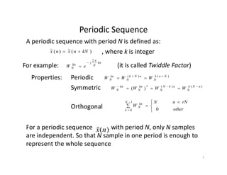 Periodic SequencePeriodic Sequence
)(~)(~ kNnxnx  , where k is integer
A periodic sequence with period N is defined as:
Periodic
, g
kn
N
j
kn
N eW
2

For example:
)()( NnknNkkn
WWW 
(it is called Twiddle Factor)
Properties: Periodic )()( Nnk
N
nNk
N
kn
N WWW 

Symmetric )()(*
)( nNk
N
nkN
N
kn
N
kn
N WWWW 

Properties:
Orthogonal 

 


 other
rNnN
W
N
k
kn
N
0
1
0
For a periodic sequence            with period N, only N samples 
are independent. So that N sample in one period is enough to 
represent the whole sequence
x(n)
represent the whole sequence
7
 