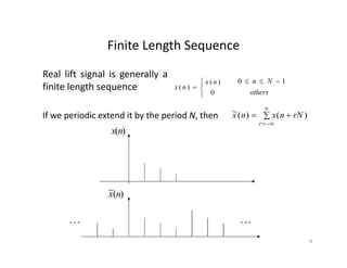 Finite Length SequenceFinite Length Sequence
 )(nx Nn 10 
Real lift signal is generally a
fi i l h
If we periodic extend it by the period N then  

rNnxnx )()(~




0
)(
)(
nx
nx
others
Nn 10 
finite length sequence
If we periodic extend it by the period N, then  
r
rNnxnx )()(
)(nx
)(~ nx
 
9
 