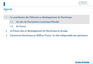 2
Agenda
1 La contribution des Télécoms au développement du Numérique
1.1 Au sein de l’écosystème numérique Mondial
1.2 En France
2 La France dans le développement du Numérique en Europe
3 L’économie Numérique en 2030 en France : le rôle indispensable des opérateurs
 