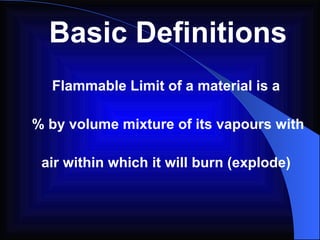 Basic Definitions Flammable Limit   of a material is a  % by volume mixture of its vapours with air within which it will burn (explode)   