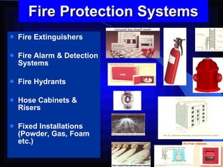 Fire Protection Systems Fire Extinguishers Fire Alarm & Detection Systems Fire Hydrants Hose Cabinets & Risers Fixed Installations (Powder, Gas, Foam etc.)   