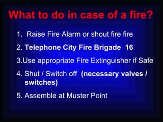 1.  Raise Fire Alarm or shout fire fire  2.  Telephone City Fire Brigade  16 3.Use appropriate Fire Extinguisher if Safe 4. Shut / Switch off  (necessary valves / switches) 5. Assemble at Muster Point What to do in case of a fire? 