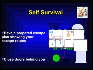 Have a prepared escape plan showing your escape routes  Close doors behind you Self Survival 