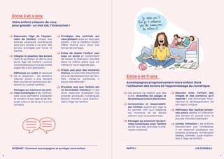 Entre 3 et 6 ans
Votre enfant a besoin de vous
pour grandir : un mot clé, l’interaction !
LES CONSEILS
PARTIE 1
Repoussez l’âge de l’équipe-
ment de l’enfant. L’initier aux
bonnes pratiques numériques
sera plus simple si ce sont des
écrans partagés par toute la
famille.
Intégrez la question des écrans
dans le quotidien et dès le plus
jeune âge de l’enfant, comme
vous le faites pourtous les autres
sujets liés à son éducation.
Définissez un cadre et essayez
de le respecter : les sessions
d’écran avant 6 ans doivent
être courtes et jamais pour en-
dormir ou calmer l’enfant.
Partagez au maximum les acti-
vités numériques avec l’enfant,
cela vous permettra d’adapter
le contenu à son âge et de dis-
cuter avec lui de ce qu’il a vu et
compris.
Les écrans ne restent que des
outils, diversifiez les usages et
les pratiques autourdes écrans.
Autonomisez et responsabili-
sez l’enfant quand son âge le
lui permet, afin qu’il respecte
les moments et les temps
d’écran que vous préconisez.
Partagez au maximum les acti-
vités numériques avec l’enfant
plutôt que des activités numé-
riques solitaires.
Privilégiez des activités qui
vous plaisent aussi en tant que
parent, c’est le meilleur moyen
d’être motivé pour avoir ces
temps de partage.
Évitez de laisser l’enfant seul
avec un écran et notamment
de laisser la télévision allumée
dans la même pièce que lui,
même s’il ne la regarde pas.
N’ayez pas peur des moments
d’ennui, ils sont très importants
pour le développement de l’en-
fant. Faites-lui confiance, il
saura vite rebondir !
N’oubliez pas que l’enfant est
un formidable imitateur ! Il est
donc essentiel d’adapter nos
propres pratiques numériques
(temps, moment, type d’activi-
tés) à l’âge de l’enfant.
Entre 6 et 11 ans
Accompagnez progressivement votre enfant dans
l’utilisation des écrans et l’apprentissage du numérique.
Discutez avec l’enfant des
images et des contenus qu’il
regarde : ces échanges favo-
riseront le développement de
son esprit critique
Définissez des repères tempo-
rels précis dédiés à l’utilisation
des écrans et quand vous le
pouvez montrez l’exemple !
Limitez l’imitation : les enfants
fonctionnent par mimétisme.
Il est essentiel d’adapter ses
propres pratiques numériques
(temps, moment, type d’activi-
tés) à l’âge de l’enfant.
8 9
INTERNET : Comment accompagner et protéger votre enfant
 