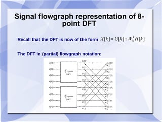 Signal flowgraph representation of 8- point DFT Recall that the DFT is now of the form The DFT in (partial) flowgraph notation: 