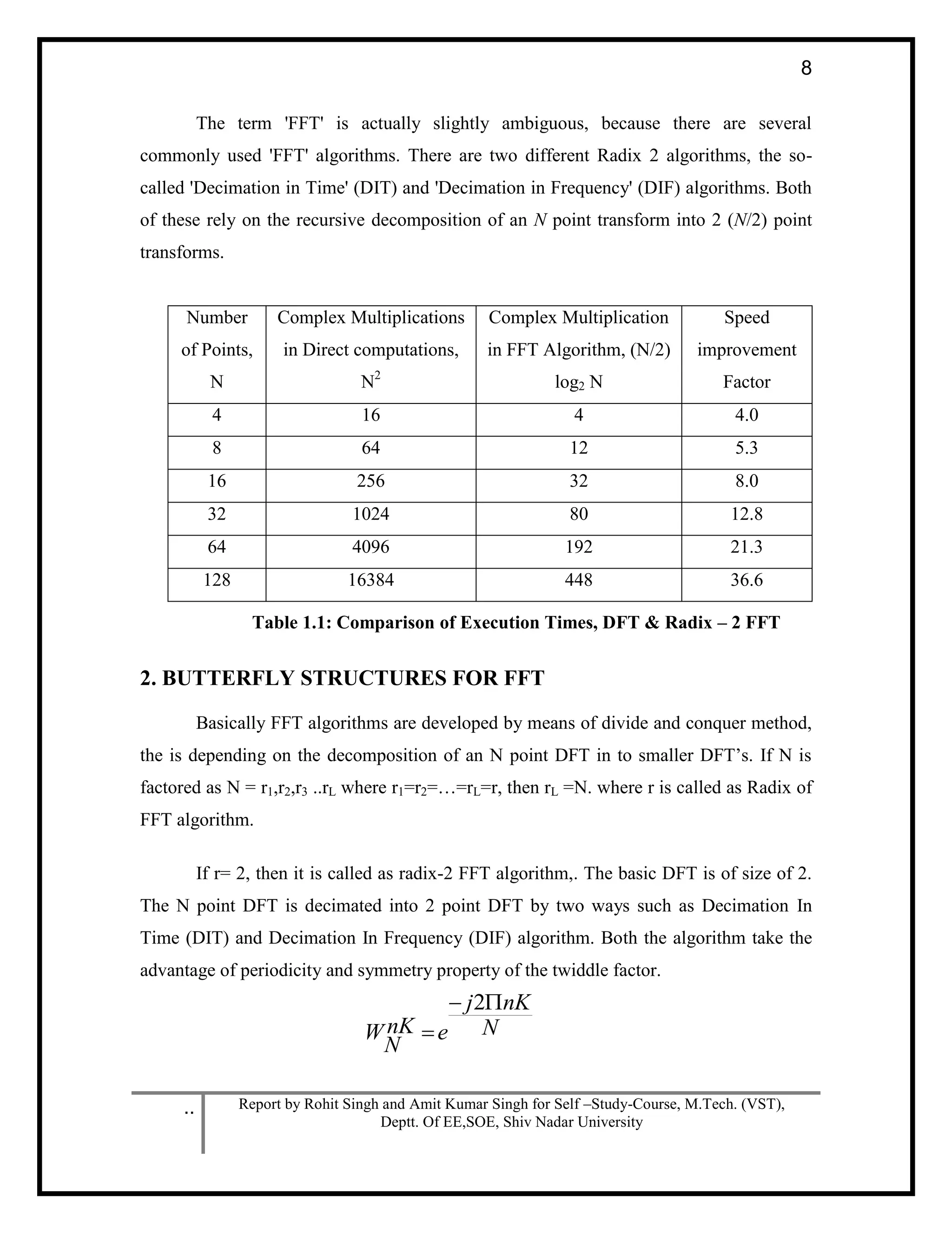 .. Report by Rohit Singh and Amit Kumar Singh for Self –Study-Course, M.Tech. (VST),
Deptt. Of EE,SOE, Shiv Nadar University
8
The term 'FFT' is actually slightly ambiguous, because there are several
commonly used 'FFT' algorithms. There are two different Radix 2 algorithms, the so-
called 'Decimation in Time' (DIT) and 'Decimation in Frequency' (DIF) algorithms. Both
of these rely on the recursive decomposition of an N point transform into 2 (N/2) point
transforms.
Number
of Points,
N
Complex Multiplications
in Direct computations,
N2
Complex Multiplication
in FFT Algorithm, (N/2)
log2 N
Speed
improvement
Factor
4 16 4 4.0
8 64 12 5.3
16 256 32 8.0
32 1024 80 12.8
64 4096 192 21.3
128 16384 448 36.6
Table 1.1: Comparison of Execution Times, DFT & Radix – 2 FFT
2. BUTTERFLY STRUCTURES FOR FFT
Basically FFT algorithms are developed by means of divide and conquer method,
the is depending on the decomposition of an N point DFT in to smaller DFT’s. If N is
factored as N = r1,r2,r3 ..rL where r1=r2=…=rL=r, then rL =N. where r is called as Radix of
FFT algorithm.
If r= 2, then it is called as radix-2 FFT algorithm,. The basic DFT is of size of 2.
The N point DFT is decimated into 2 point DFT by two ways such as Decimation In
Time (DIT) and Decimation In Frequency (DIF) algorithm. Both the algorithm take the
advantage of periodicity and symmetry property of the twiddle factor.
N
nKj
enK
N
W


2
 