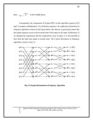 .. Report by Rohit Singh and Amit Kumar Singh for Self –Study-Course, M.Tech. (VST),
Deptt. Of EE,SOE, Shiv Nadar University
10
Here N
nkj
ek
nW


2
is the Twiddle factor.
Consequently, the computation of N-point DFT via this algorithm requires (N/2)
log2 N complex multiplications. For illustrative purposes, the eight-point decimation-in
frequency algorithm is shown in the Figure below. We observe, as previously stated, that
the output sequence occurs in bit-reversed order with respect to the input. Furthermore, if
we abandon the requirement that the computations occur in place, it is also possible to
have both the input and output in normal order. The 8 point Decimation In frequency
algorithm is shown in Fig 1.5.
Fig. 1.5 8 point Decimation in Frequency Algorithm
 
