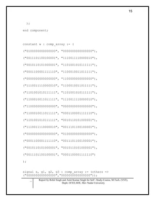 .. Report by Rohit Singh and Amit Kumar Singh for Self –Study-Course, M.Tech. (VST),
Deptt. Of EE,SOE, Shiv Nadar University
15
);
end component;
constant w : comp_array := (
("0100000000000000", "0000000000000000"),
("0011101100100001", "1110011110000010"),
("0010110101000001", "1101001010111111"),
("0001100001111110", "1100010011011111"),
("0000000000000000", "1100000000000000"),
("1110011110000010", "1100010011011111"),
("1101001010111111", "1101001010111111"),
("1100010011011111", "1110011110000010"),
("1100000000000000", "0000000000000000"),
("1100010011011111", "0001100001111110"),
("1101001010111111", "0010110101000001"),
("1110011110000010", "0011101100100001"),
("0000000000000000", "0100000000000000"),
("0001100001111110", "0011101100100001"),
("0010110101000001", "0010110101000001"),
("0011101100100001", "0001100001111110")
);
signal s, g1, g2, g3 : comp_array := (others =>
("0000000000000000","0000000000000000"));
 