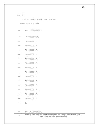 .. Report by Rohit Singh and Amit Kumar Singh for Self –Study-Course, M.Tech. (VST),
Deptt. Of EE,SOE, Shiv Nadar University
26
begin
-- hold reset state for 100 ns.
wait for 100 ns;
-- x<=("00000001",
-- "00000001",
-- "00000001",
-- "00000001",
-- "00000001",
-- "00000001",
-- "00000001",
-- "00000001",
-- "00000001",
-- "00000001",
-- "00000001",
-- "00000001",
-- "00000001",
-- "00000001",
-- "00000001",
-- "00000001"
-- );
-- x<=("00000000",
 