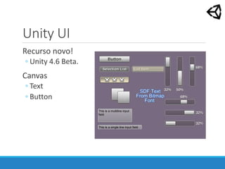 Unity UI
Recurso novo!
◦ Unity 4.6 Beta.
Canvas
◦ Text
◦ Button
 
