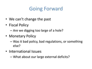 Going Forward
• We can’t change the past
• Fiscal Policy
  – Are we digging too large of a hole?
• Monetary Policy
  – Was it bad policy, bad regulations, or something
    else?
• International Issues
  – What about our large external deficits?
 