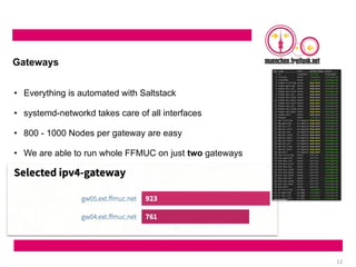 12
Gateways
• Everything is automated with Saltstack
• systemd-networkd takes care of all interfaces
• 800 - 1000 Nodes per gateway are easy
• We are able to run whole FFMUC on just two gateways
 
