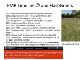 PMR Timeline  and FlashGrants
• 1975 develops data mining for crystallographic literature.
• 2010,11 Sponsors 5 Panton Fellowships (OKFN and OSF)
• 2011 Applies to Shuttleworth. Unsuccessful
• 2014 Re-applies to SF; Successful. Nominates 2 FGs/year
• 2014 Create ContentMine (UK non-profit)
• 2015 runs ContentMine Fellowships (6 ppl)
• 2017 ContentMine sponsored by Wikimedia (WikiFactMine)
• 2019 Cambridge-India TIG2RESS workshop on Plants Delhi (w. Gita
Yadav)
• 2019 Collab with GY and Manny Faria (Verriclear) on EssoilDB
• 2019 OpenScience Collaboration with Simon Worthington TiB, DE
on Open Climate Knowledge
• 2020 NIPGR and INYAS (GY, PMR) start intern program OpenVirus
• 2021 NIPGR (GY, PMR) intern program CEVOpen (plants, essential
oils)
Linaria (English Flax)
 