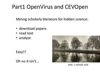 Part1 OpenVirus and CEVOpen
Mining scholarly literature for hidden science:
• download papers
• read text
• analyze
Easy!?
Oh no it isn’t…
Salix -> salicylic acid
 