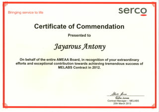 Certificate of Commendation - Serco Melabs