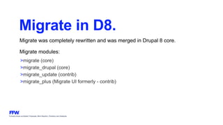 Formerly known as Bysted, Propeople, Blink Reaction, Chainbizz and Geekpolis
Migrate in D8.
Migrate was completely rewritten and was merged in Drupal 8 core.
Migrate modules:
>migrate (core)
>migrate_drupal (core)
>migrate_update (contrib)
>migrate_plus (Migrate UI formerly - contrib)
 