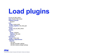 Formerly known as Bysted, Propeople, Blink Reaction, Chainbizz and Geekpolis
Load plugins
id: d6_cck_field_values
label: Drupal 6 field values
migration_groups:
- Drupal 6
load:
plugin: drupal_entity
bundle_migration: d6_node_type
source:
plugin: d6_cck_field_values
process:
nid:
plugin: migration
migration: d6_node
source: nid
destination:
plugin: entity:node
migration_dependencies:
required:
- d6_node
- d6_field_formatter_settings
- d6_field_instance_widget_settings
 