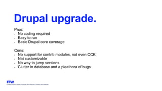 Formerly known as Bysted, Propeople, Blink Reaction, Chainbizz and Geekpolis
Drupal upgrade.
Pros:
- No coding required
- Easy to run
- Basic Drupal core coverage
Cons:
- No support for contrib modules, not even CCK
- Not customizable
- No way to jump versions
- Clutter in database and a pleathora of bugs
 