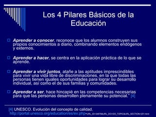 Los 4 Pilares Básicos de la Educación Aprender a conocer ,   reconoce que los alumnos construyen sus propios conocimientos a diario, combinando elementos endógenos y externos.  Aprender a hacer , se centra en la aplicación práctica de lo que se aprende. Aprender a vivir juntos ,   atañe a las aptitudes imprescindibles para vivir una vida libre de discriminaciones, en la que todas las personas tienen iguales oportunidades para lograr su desarrollo individual, así como el de sus familias y comunidades.  Aprender a ser ,   hace hincapié en las competencias necesarias para que las personas desarrollen plenamente su potencial.”  [4] [4]  UNESCO. Evolución del concepto de calidad. http:// portal.unesco.org / education /es/ ev.php - URL_ID=34878&URL_DO=DO_TOPIC&URL_SECTION=201.html 