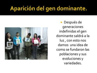   Después de
    generaciones
  indefinidas el gen
dominante saldrá a la
  luz , con esto nos
 damos una idea de
como se fundaron las
  poblaciones y sus
    evoluciones y
     variedades.
 