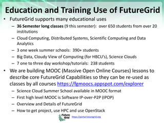 https://portal.futuregrid.org
Education and Training Use of FutureGrid
• FutureGrid supports many educational uses
– 36 Semester long classes (9 this semester): over 650 students from over 20
institutions
– Cloud Computing, Distributed Systems, Scientific Computing and Data
Analytics
– 3 one week summer schools: 390+ students
– Big Data, Cloudy View of Computing (for HBCU’s), Science Clouds
– 7 one to three day workshop/tutorials: 238 students
• We are building MOOC (Massive Open Online Courses) lessons to
describe core FutureGrid Capabilities so they can be re-used as
classes by all courses https://fgmoocs.appspot.com/explorer
– Science Cloud Summer School available in MOOC format
– First high level MOOC is Software IP-over-P2P (IPOP)
– Overview and Details of FutureGrid
– How to get project, use HPC and use OpenStack
 